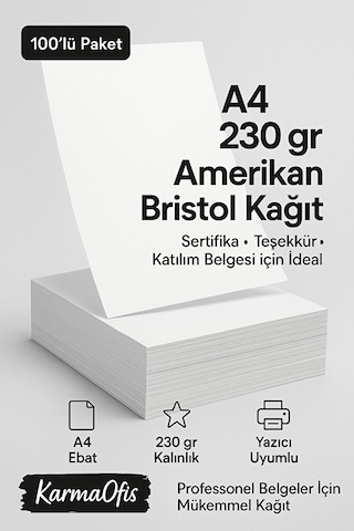 A4 230 Gr Amerikan Bristol Sertifika Kağıdı 100 Lü Paket
