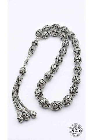 925 Ayar Oval Kesim 3 Kamçılı Püskül Orta Boy Spiral Desenli Otantik Gümüş Tesbih Rzt10026 Gümüş  - Siyah