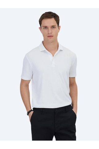 Kip Beyaz Jakarlı Polo Yaka T-shirt Beyaz