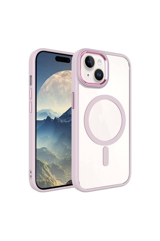 Zeyline Apple Uyumlu iPhone 15 Plus Wireless Şarj Özellikli Zore Krom Magsafe Silikon Kapak-pembe Açık