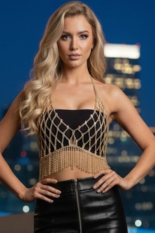 Caş Dekorasyon Altın Renk Taşlı Bikini Üstü Bralet/ Vücut Aksesuarı Altın