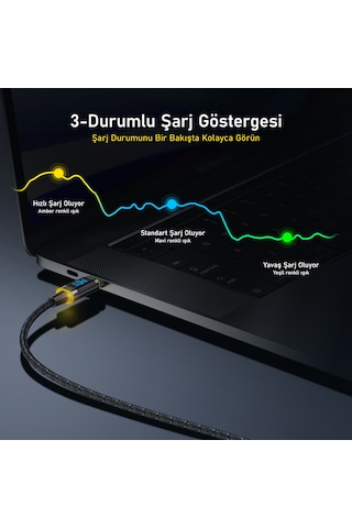 Aohi Magline PD 3.1140 W USB-C To USB-C Led Ekranlı Örgülü Süper Hızlı Şarj Data Kablosu 1.2 M