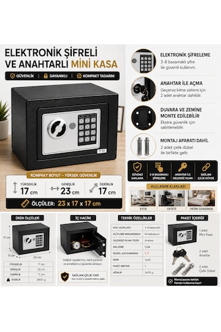 Elektronik Şifreli Anahtarlı Mini Kasa T17 Çelik Kasa 23x17x17 Cm 2 Anahtar + 2 Çelik Dübel
