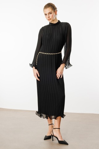 Moda İlgi Kadın Etek Ve Kol Ucu Volanlı Pliseli Zincir Kemerli Midi Boy Elbise 0060 Siyah Siyah