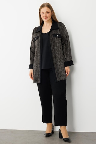 Moda İlgi Kadın Büyük Beden Cep Kapaklı Desenli İkili Takım 0303 Siyah Siyah