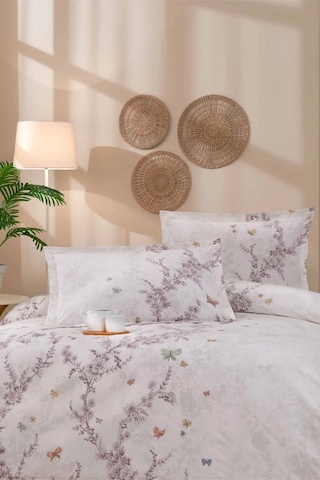 Özdilek Bloomlight Çift Kişilik Nevresim Takımı %100 Pamuk Ranforce 200x220 Yeşil Çiçek Desenli Krem