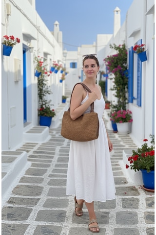 Artepieza Handmade Taba Rengi Kağıt İp Yazlık Büyük Boy Tote Çanta 40x28 Cm -omuz Çantası Bej - Kahverengi