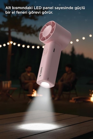 Şarjlı El Vantilatörü Fener Özellikli Taşınabilir Mini Fan F64 Pembe
