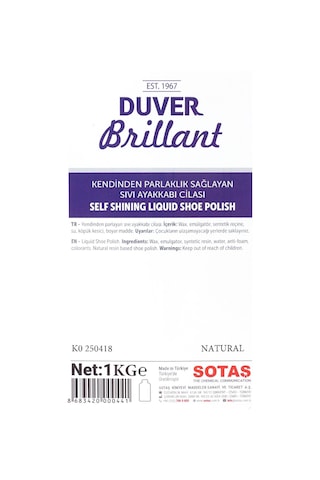 Duver Brillant 1 Kg Kendinden Parlaklık Sağlayan Natural Renk Sıvı Ayakkabı Cilası Renksiz