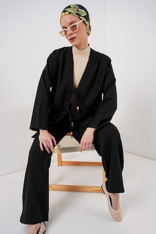 Bigdart Kadın Keten Kimono İkili Takım 6727 - Siyah