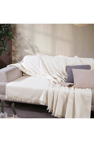 170 210 Cm Pamuklu Önden Saçaklı 170x210 Koltuk Örtüsü 2'li Paket Ekru