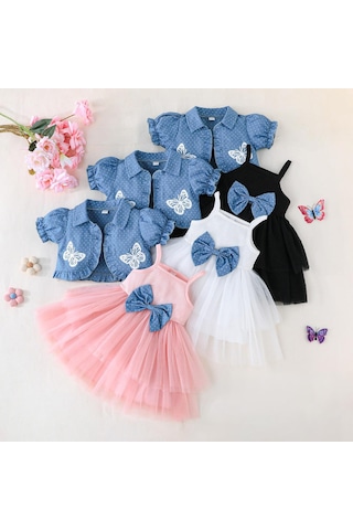 Çocuk Giyim Kız Bahar Ve Yaz Seti Halter Eklemeli Örgü Etek + Kız Üst Baskılı Noktalı Şal Etek 2 Adet Pembe