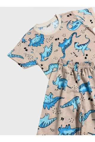Aliş Kids Erkek Çocuk Pamuklu Bej Rengi Dinozor Desenli Kısa Kollu Şortlu Yazlık Pijama Takımı Bej Mavi