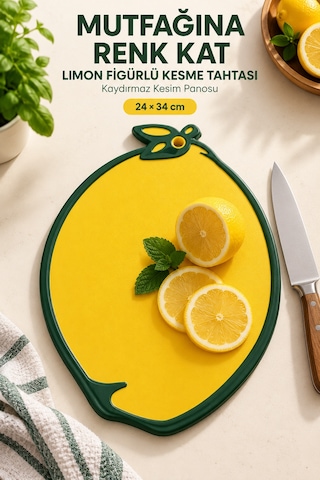 Limon Figürlü Kaydırmaz Kesme Tahtası 24x34 Cm Askılı Plastik Sebze Meyve Doğrama Panosu Sarı Mutfak