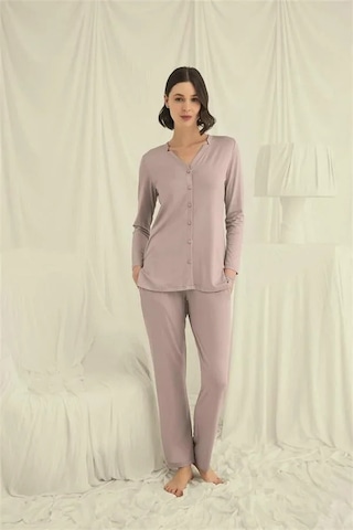Veraura Lifestyle Kadın Uzun Kollu Boydan Düğmeli V Yaka Pijama Takımı Vizon