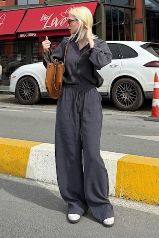 Madmext Füme Basic Kadın Gömlek Pantolon İkili Takım Mg2352 Füme