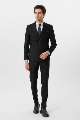 Süvari Siyah Slim Fit Armürlü Sivri Yaka 6 Drop Klasik Takım Elbise-35522 Siyah