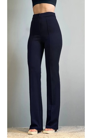 Krep Kumaş Likralı Önü Çimalı Kahverengi Kadın Palazzo Pantolon Lacivert
