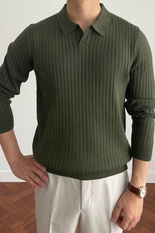 Cool Tarz Erkek Polo Yaka Triko Kazak Slim Fit Fitilli Haki
