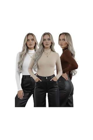 Hashtag Kadın Balıkçı Yaka Uzun Kollu Body 3'lü Set Viskon Kumaş Beyaz Bej Kahverengi