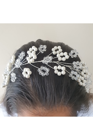 Beyaz Renk Incili Ve Kristal Boncuklu Gelin Tacı (549083535)