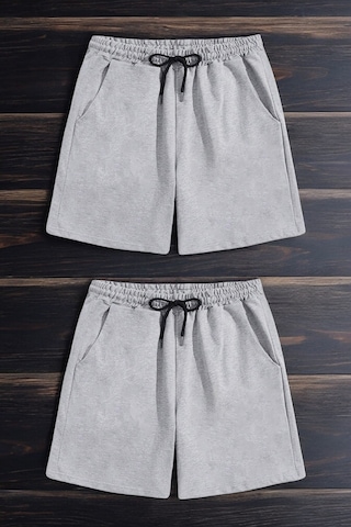 2'li Paket Unisex Pamuklu Rahat Penye Şort Gri-gri Siyah