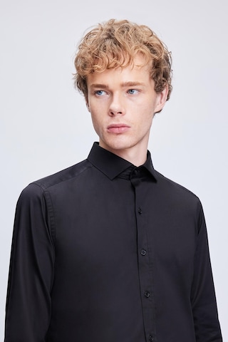 Hatemoğlu Siyah Slim Fit 100% Pamuk Açık İtalyan Yaka Uzun Kollu Saten Gömlek 24d190000045 002 Siyah