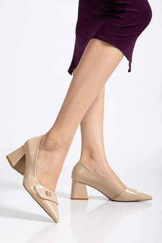Nude Büyük Beden Kadın Topuklu Ayakkabı Rugan Kalın Topuklu Sivri Burun -4299 Nude