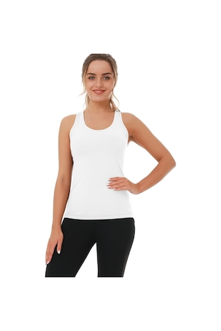 Ghassy Co. Kadın Nem Emici Kompresyonlu Kolsuz Omuz Açık Tasarım Spor Atlet beyaz