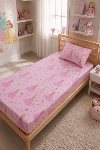 Prenses Desenli Yastık Kılıflı Tek Kişilik Lastikli Çarşaf Takımı 100x200 Cm Çarşaf+yastık Kılıfı Pembe