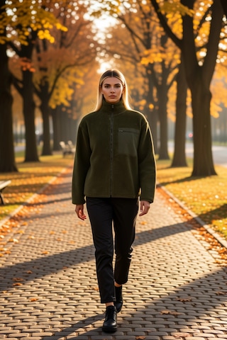 Benerly Kadın Dik Yaka Düşük Kol Tam Fermuarlı Peluş Sweatshirt Fonksiyon Haki