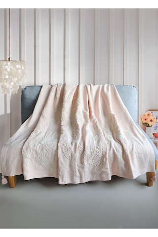 The Mia Throw Koltuk Şalı Püsküllü Pudra 170x130 Pudra
