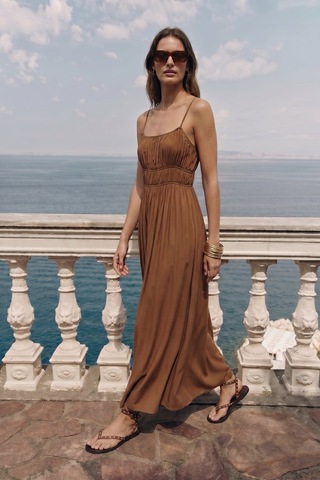 Sateen Askılı Uzun Elbise - Kahve-137493