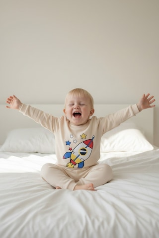 Aden Kids Mevsimlik Pamuklu Kumaş Çocuk Pijama Takımı Bej Rengi