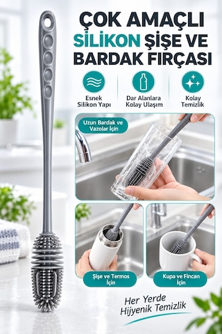 Çok Amaçlı Uzun Saplı Silikon Şişe Ve Bardak Temizleme Fırçası Vazo, Termos, Kupa Ve Sürahi Yıkama Fırçası