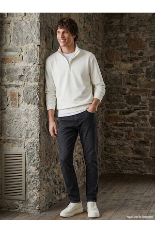 Kip Koyu Gri Düz Slim Fit Denim Pamuk Karışımlı Pantolon
