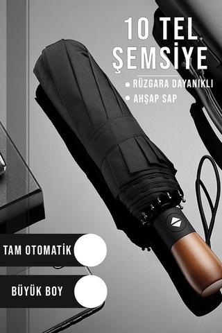 Fitfiyat 10 Tel Tam Otomatik Ahşap Rüzgara Suya Dayanıklı Şemsiye Ahşap Renk