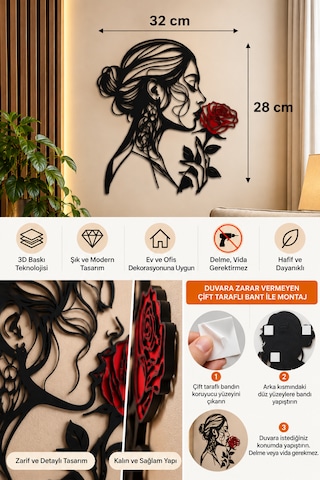 Kadın Ve Gül Figürlü Dekoratif Duvar Süsü 3d Baskı Modern Duvar Dekoru 32x28 Cm Kırmızı - Siyah
