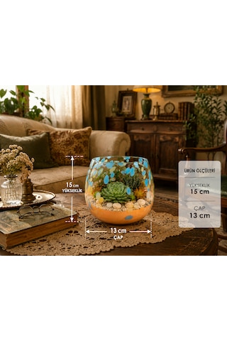 Üfleme Cam Teraryum Saksı Seti Turuncu Mavi Benekli Dekoratif Cam Kase Vazo 15x13 Cm