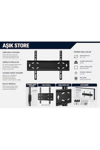 Sabit Tv Askı Aparatı 32-65 İnç Universal Tv Duvar Askısı Vesa 600x400 50 Kg Lcd Led Oled Qled Metal Gövde