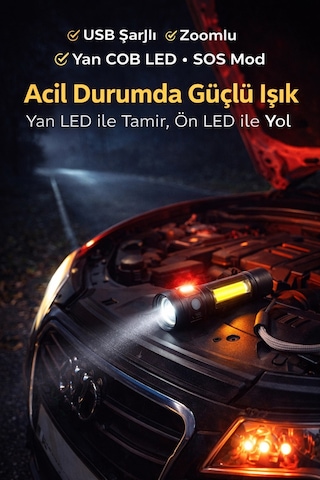 Usb Şarjlı Zoomlu Mini El Feneri Q5 Güçlü Işık Yan Cob Led Sos Mod Kutulu Acil Durum Işığı