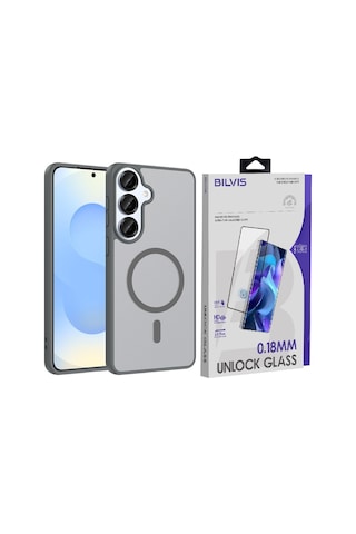 Vendas Samsung Galaxy S26 Kılıf M-safe Şarj Özellikli Zore Babet Kapak + Bilvis Cam Ekran Koruyucu Gri