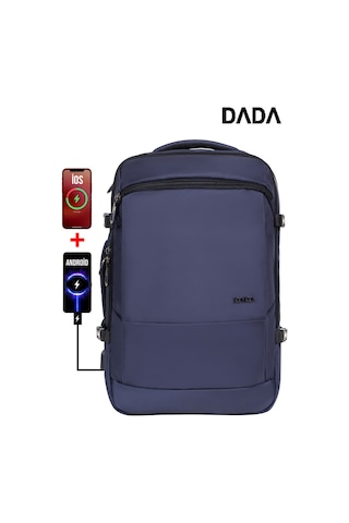 Körüklü Laptop Sırt ve Seyahat Çantası 15,6 İnç 40 Litre Usb Su Geçirmez Kumaş Lacivert Dada 12