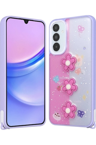 Zore Galaxy Uyumlu A05s Kılıf Parlayan Simli Kabartma Figürlü Cevze Kapak - Mor Papatya Mor Papatya