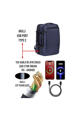 Körüklü Laptop Sırt ve Seyahat Çantası 15,6 İnç 40 Litre Usb Su Geçirmez Kumaş Lacivert Dada 12