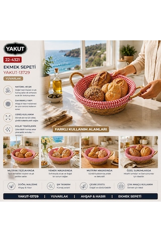 Yakut Yuvarlak Ahşap Hasır Ekmek Sepeti Çok Amaçlı Kullanım
