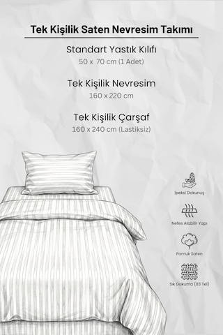 Tek Kişilik Pamuk - Saten 210 Tc 83 Tel Çizgili Nevresim Takımı Bej