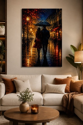 Yağmurlu Sokak Aşkı Baskılı Cam Tablo Romantik Duvar Dekoru