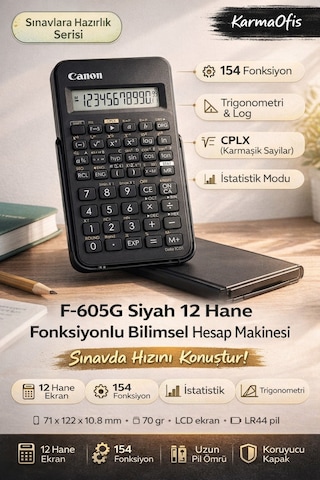 F-605g Bilimsel Hesap Makinesi 12 Hane 154 Fonksiyon Siyah Sınavlara Hazırlık İçin İdeal Diğer