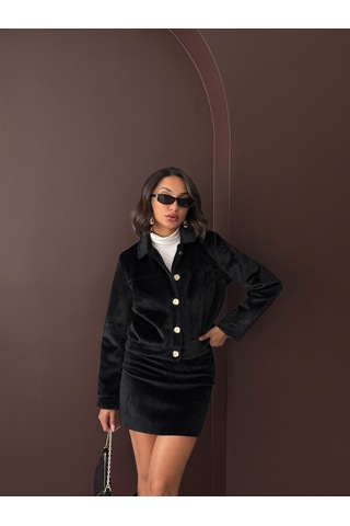 Verymoda Peluş Düğmeli Mont F1967 Siyah